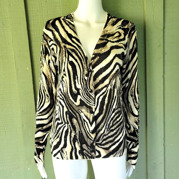 CHICO'S Black Ivory Tiger Striped Silk Blend Knit Cardigan Sz 1 or US 8 - Picture 1 of 4